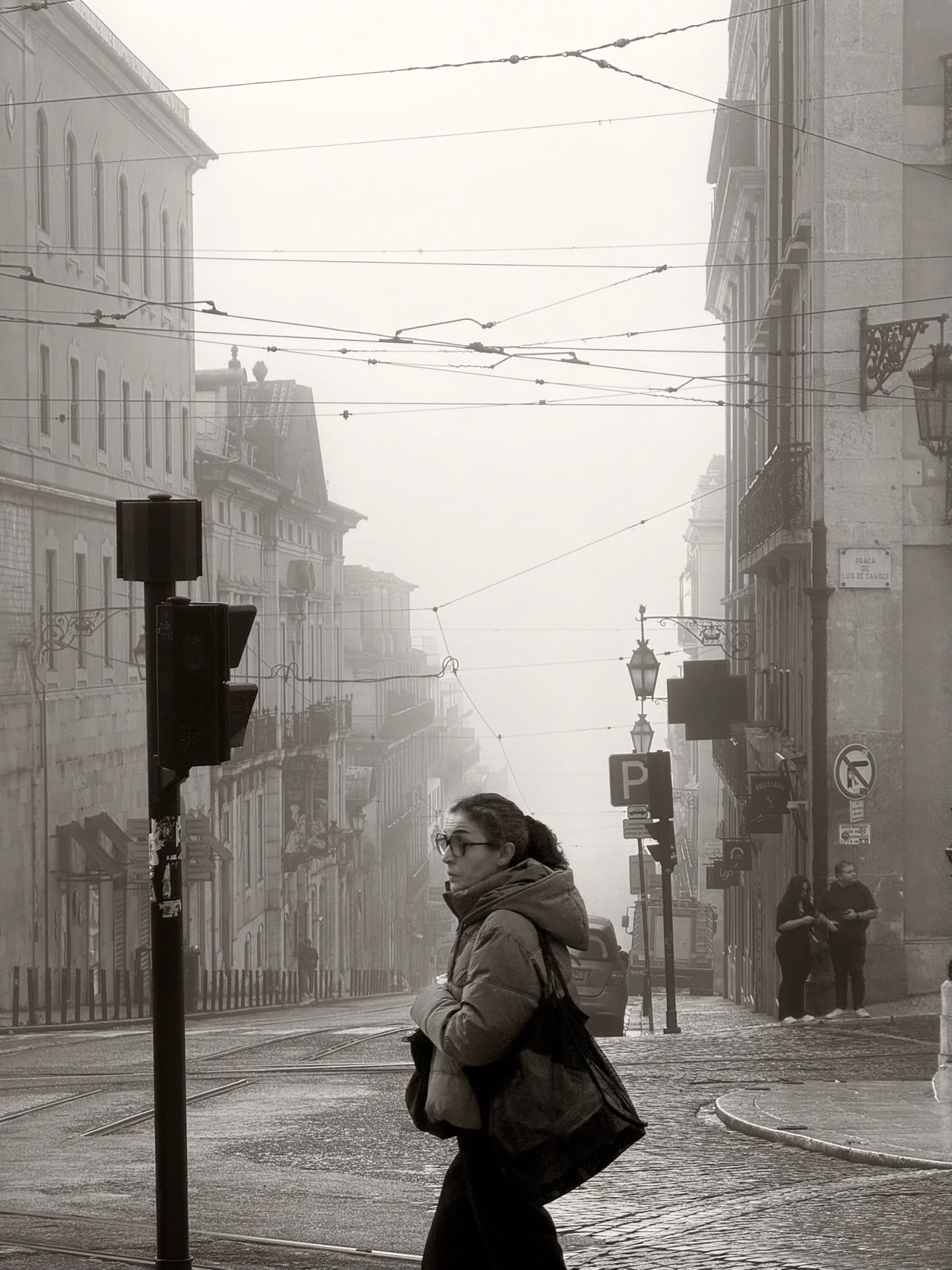 Foggy morning at Praça Luís de Camões, Lisbon